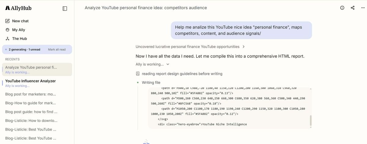 Analyzing YouTube channel ideas with AllyHub