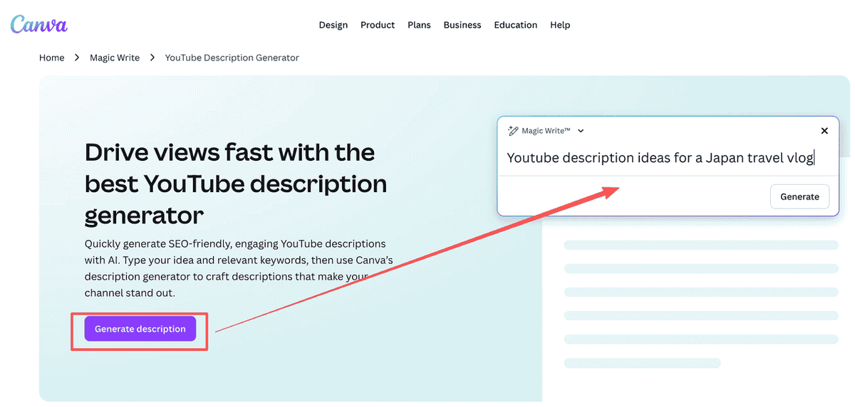 Canva's Magic Write for YouTube Descriptions