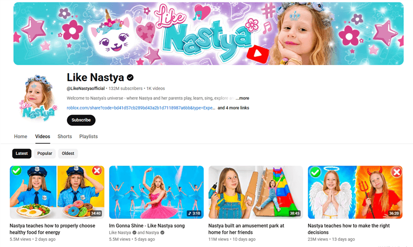 Most Popular YouTube Channels - Like Nastya