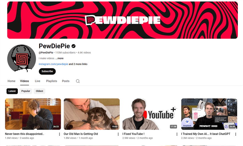 Most Popular YouTube Channels - PewDiePie