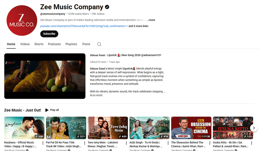 Most Popular YouTube Channels - Zee Music Company