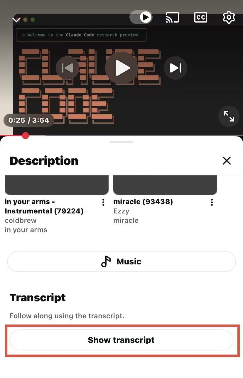 Show Transcript on YouTube Mobile App