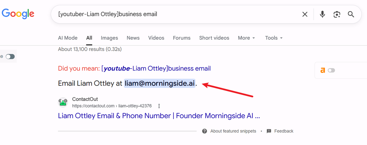 use google search for the youtuber email