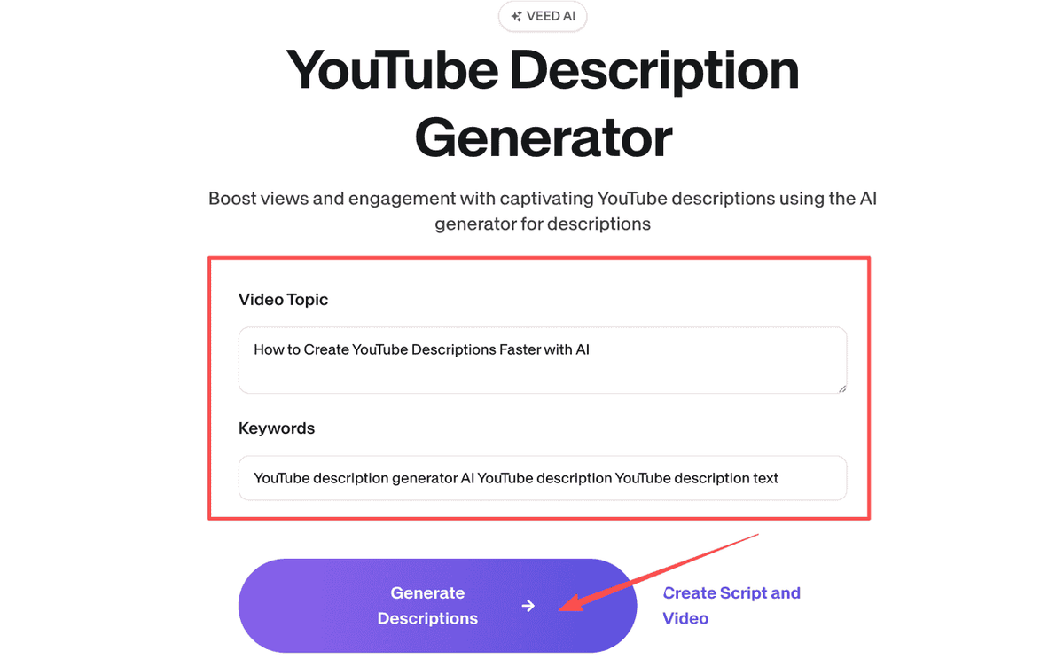 VEED.IO's Integrated Auto Description Tool