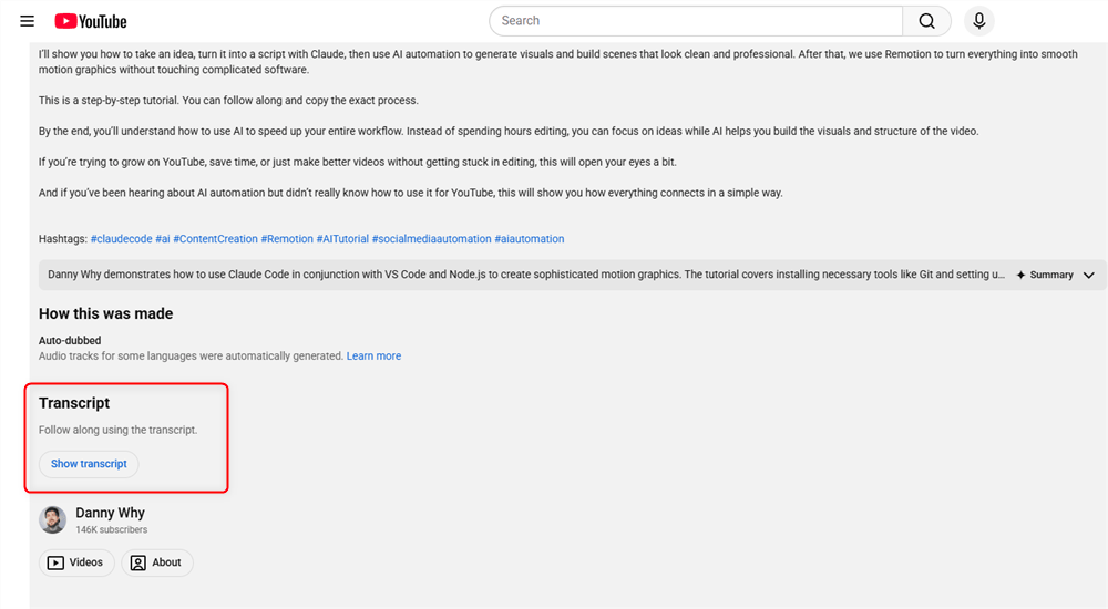 YouTube's Built-in Transcript Feature