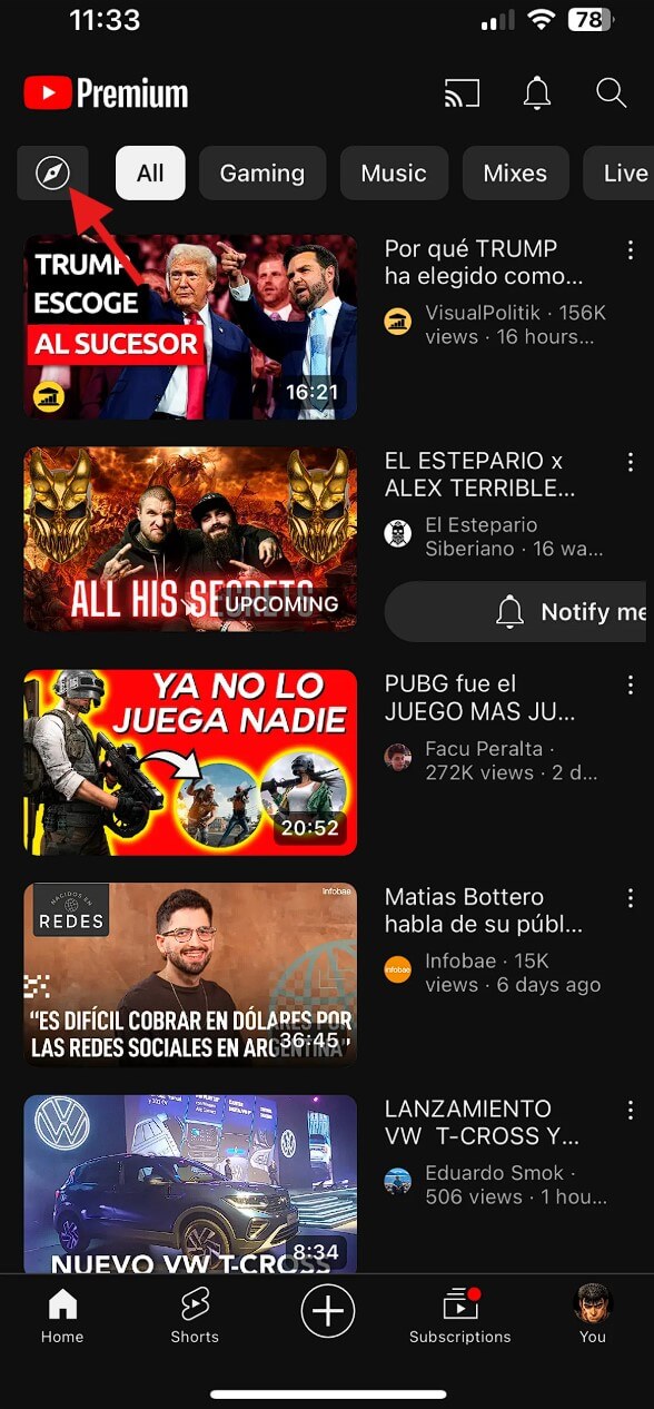 Tap the Compass Icon on YouTube